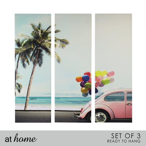 Set of 3 Beach & Pink Car Canvas Frame